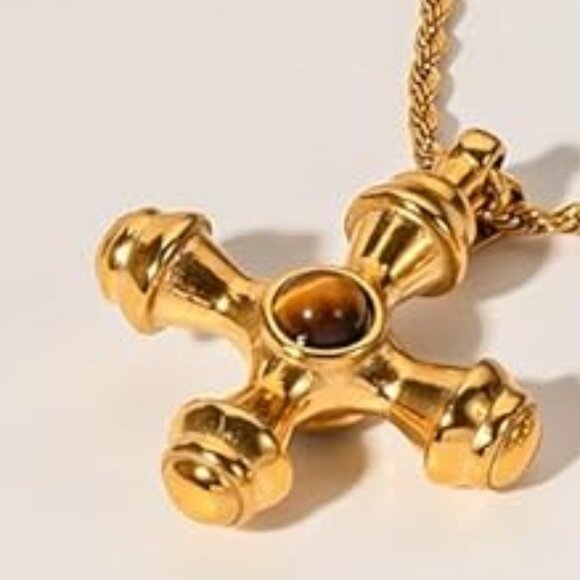 Neiman Marcus 18k Gold Plated Cross Tiger Eye Necklace - Picture 4 of 4